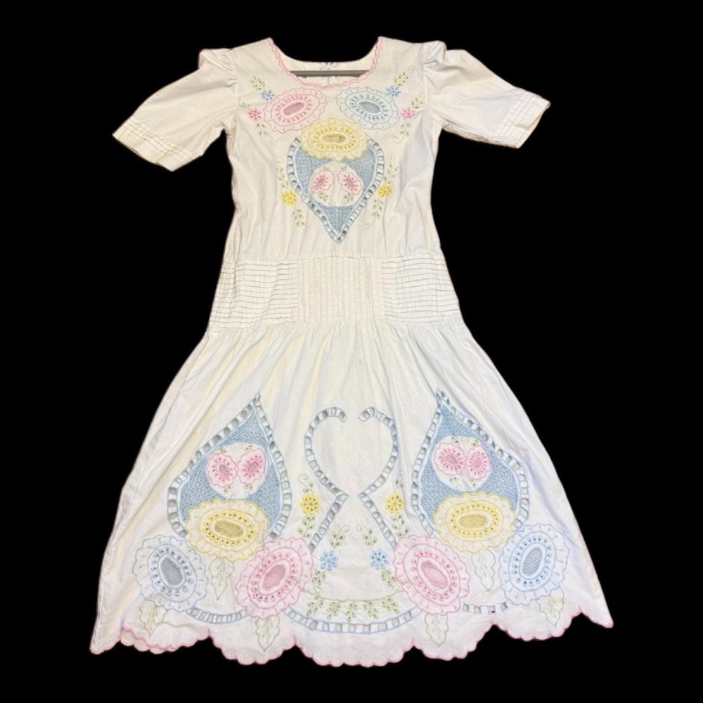 Vintage 70s Embroidered Dress Small Pastel Floral Cutout Western Prairie Midi